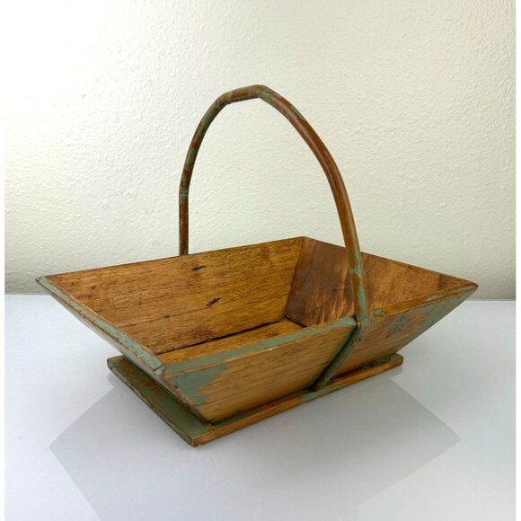 Distressed Wood Basket Metal Handle Handmade Vintage Trug Farmhouse Primitive 12